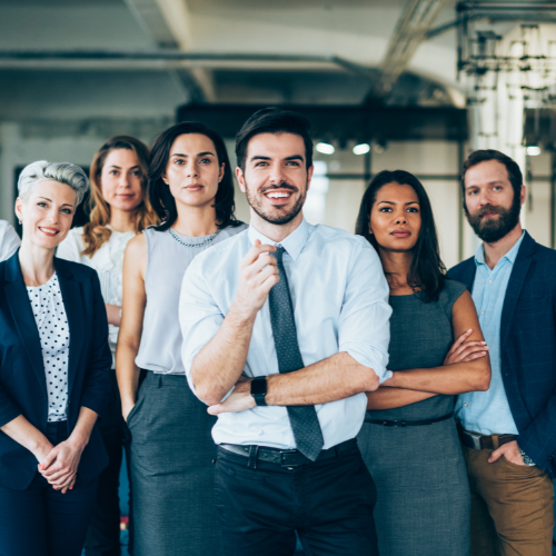 Stock photo of a team of driven, hard-working mortgage professionals.